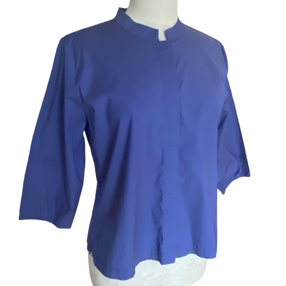 Eileen Fisher Mock Neck Split V Blouse Blue 3/4 Sleeve Lagenlook Quiet Luxury-M